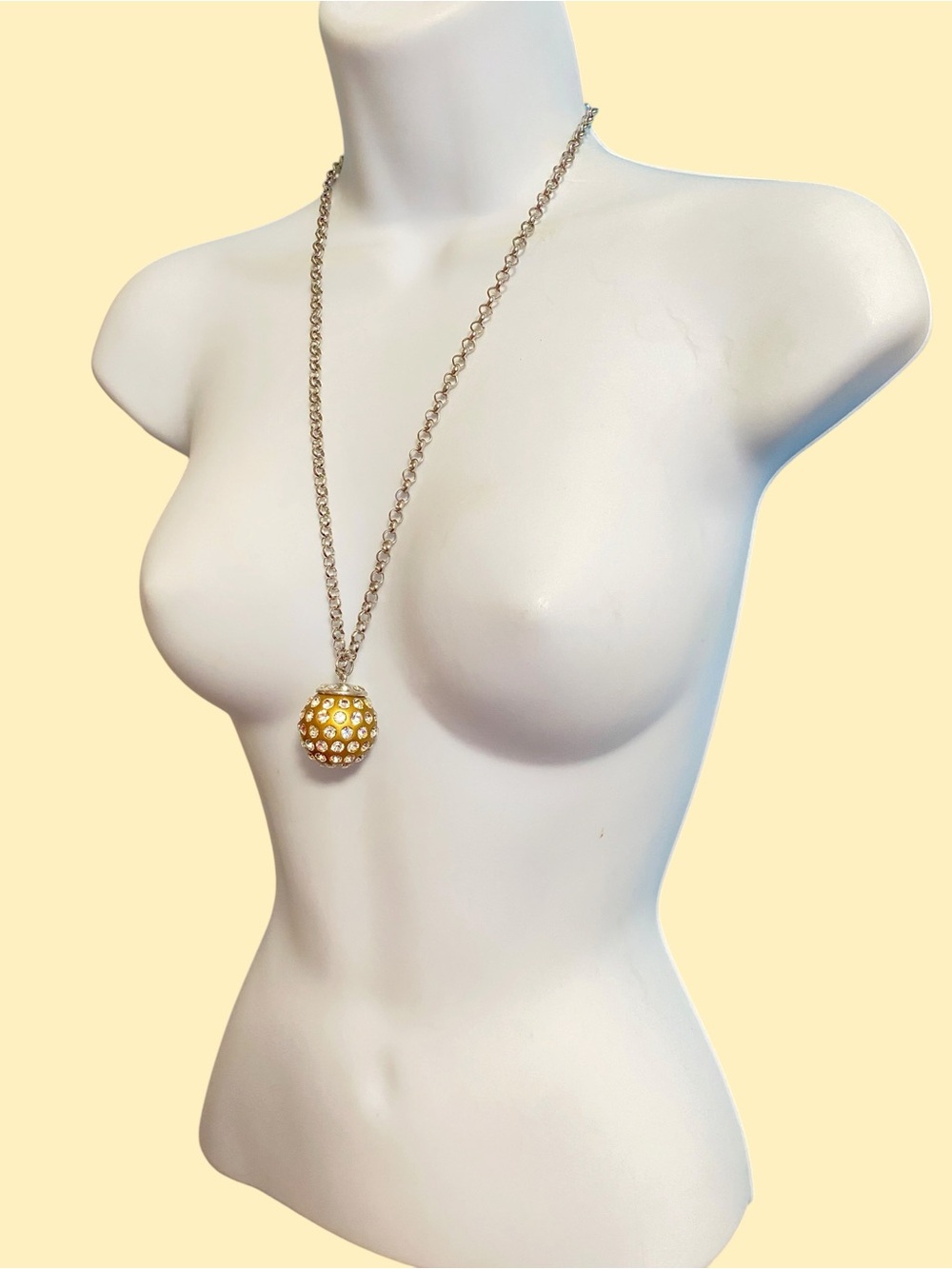Gold Disco Ball With Rhinestones Pendant Silver Tone Chain Necklace - Picture 9 of 10
